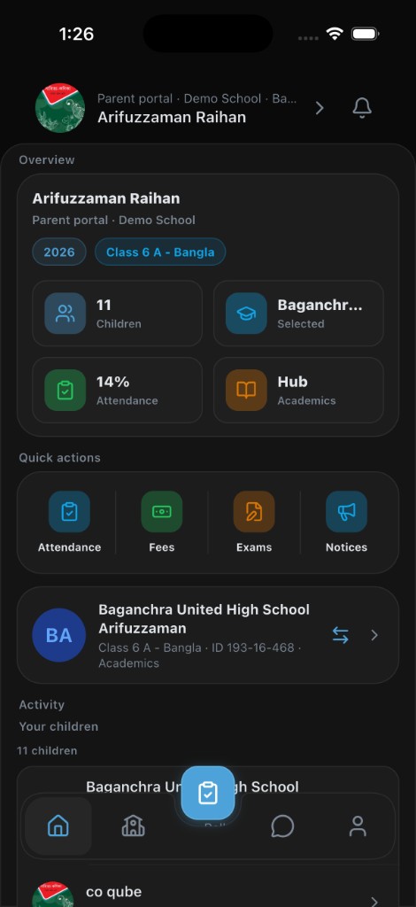 NoteArch Parent home, real mobile UI