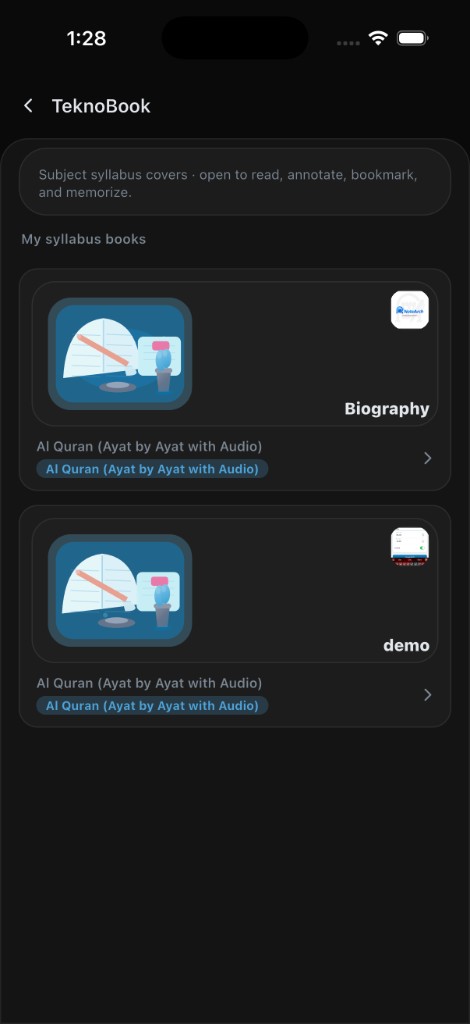 NoteArch TeknoBook syllabus reader, real mobile UI