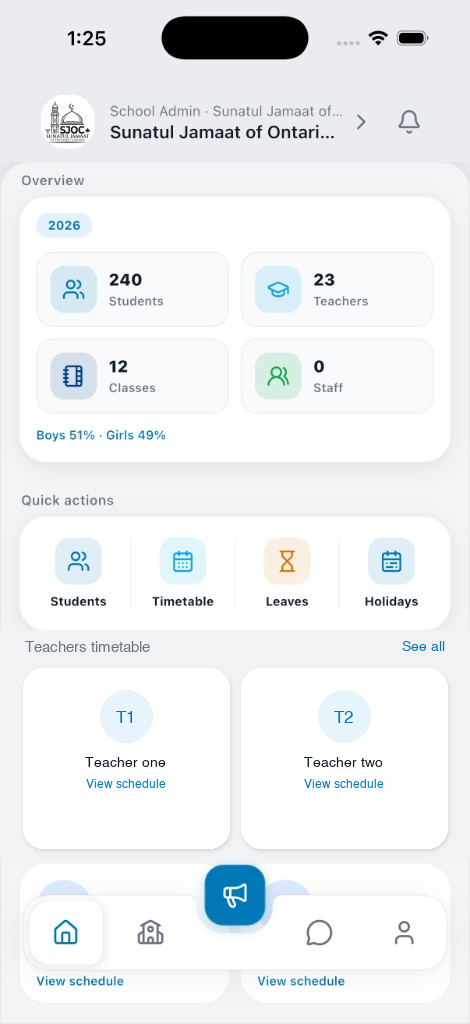 NoteArch School Admin home, real mobile UI