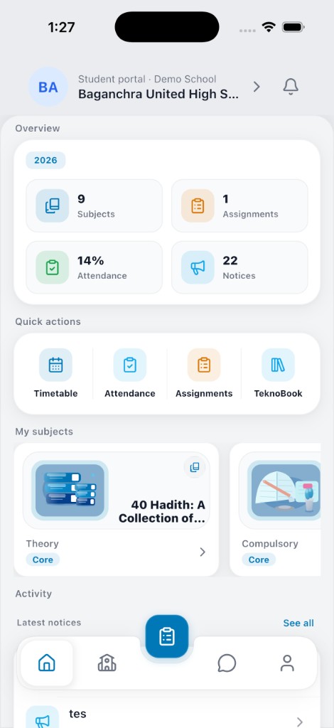 NoteArch Student home, real mobile UI