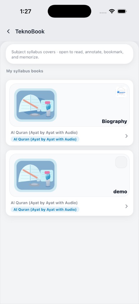 NoteArch TeknoBook syllabus reader, real mobile UI