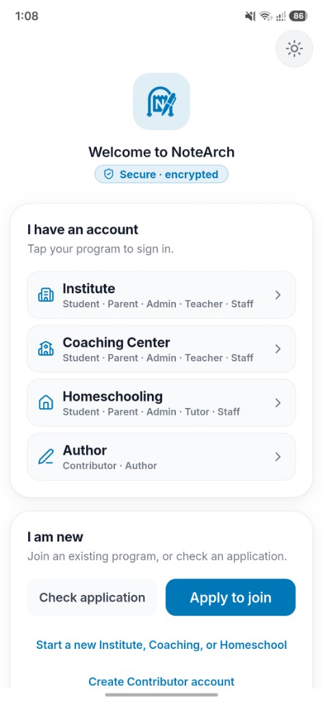 NoteArch Welcome: Institute, Coaching Center, Homeschooling, and Author in one app